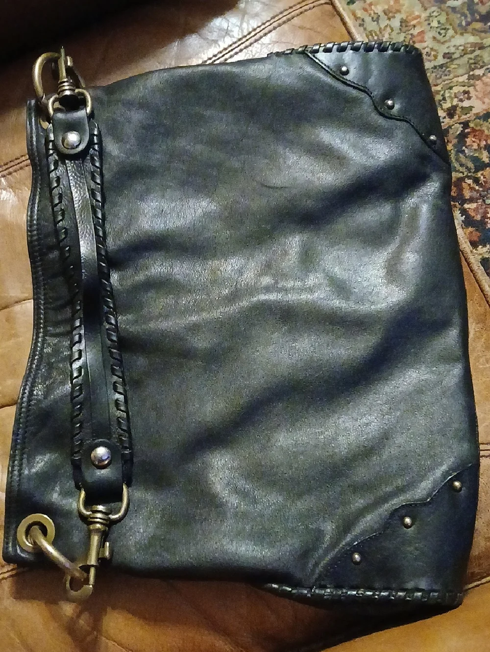 Gianni‎ Chiarini,Soft Black Leather Hobo with Brass Ring Details. Med. Sz.